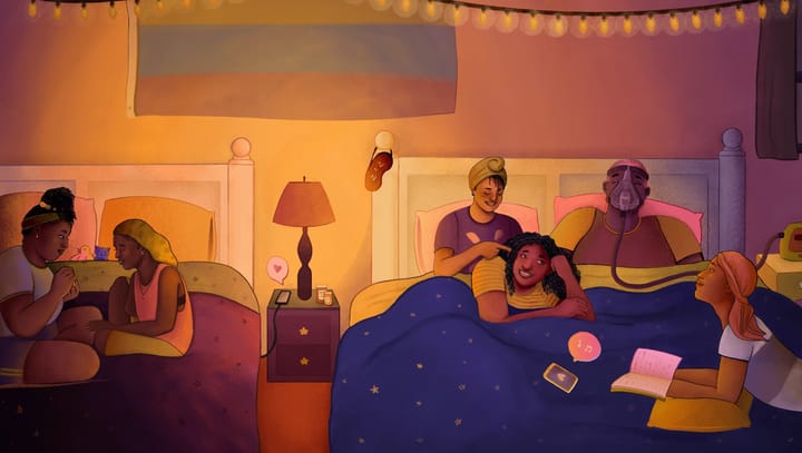 A group of disabled queer Black folks talk and laugh at a sleepover, relaxing across two large beds.