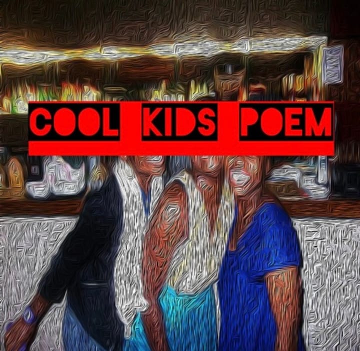 A mosaic like photo with three African people posing their faces are covered by "cool kids poem" in red