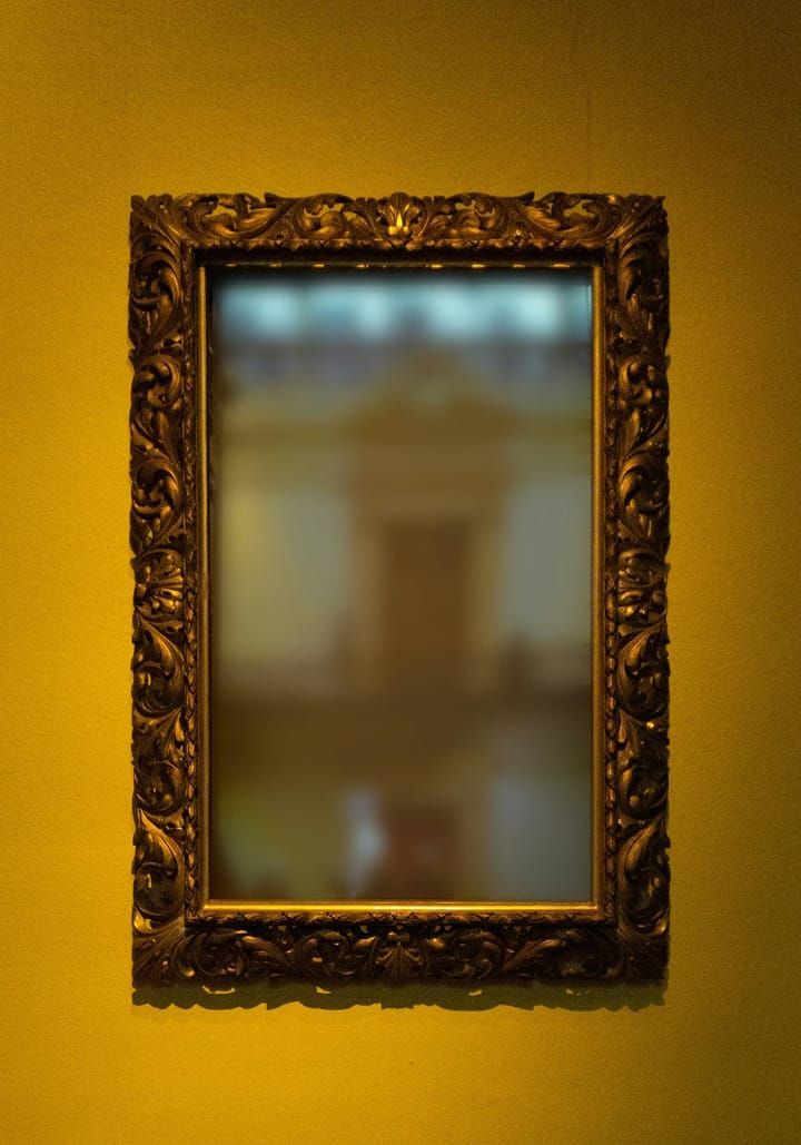 a rectangular mirror in a bronze frame detailed with leaves in a 3D effect sits on a mustard coloured wall.